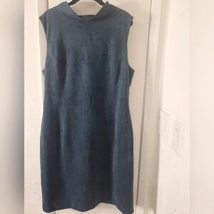 Tahari Arthur‎ S Levine Sz 14 Ultrasuede Shift Dress Teal Blue Mock Neck Classic